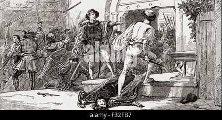 Una scena di William Shakespeare Romeo e Giulietta, Tybalt ucciso da Romeo. Atto 3, scena 1. Illustrazione da Gordon Browne. Foto Stock