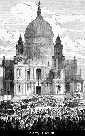 Re Guglielmo III che arrivano nel suo allenatore, accolti da folle a un servizio di ringraziamento presso la Cattedrale di St Paul, Londra, Inghilterra. Probabilmente in festa per la sconfitta del re Giacomo II e i Giacobiti nel 1697. Foto Stock