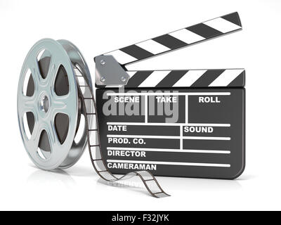 Bobina di film e movie clapper board. Icona video. 3D render illustrazione isolati su sfondo bianco Foto Stock