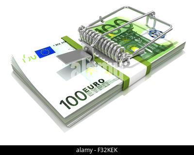 3D render mousetrap installato sulla banconota euro stack, isolato su uno sfondo bianco. Foto Stock
