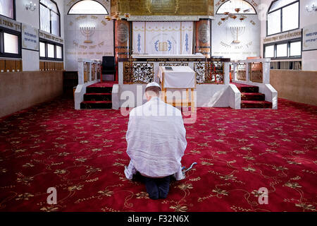 Karaite ebrei piegando il ginocchio e prostrato durante la preghiera in una sinagoga Karaite nella città di Ramle o Ramleh Israele. Karaite ebrei che respinge la successiva addizione alla Bibbia ebraica come rabbinica legge orale prua verso il basso come i musulmani quando pregano Foto Stock