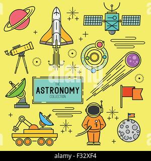 Vettore di astronomia Icon Set. Una collezione di spazio themed le icone della linea includente un pianeta, rucola, astronauta e sistema solare. Illustrazione Vettoriale