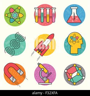 La scienza Vector Icon Set. Una collezione di oro la scienza a tema di icone di linea comprendente un atomo, simboli della chimica e delle apparecchiature. Illustrazione Vettoriale