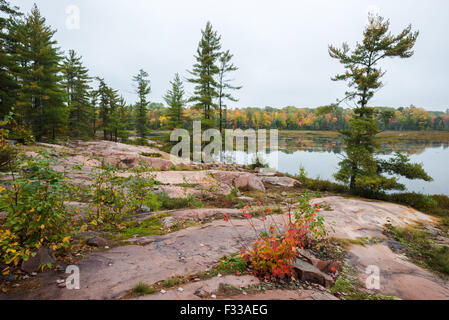 Tipico paesaggio canadese di un lago a Killarney Provincial Park con multicolore caduta di alberi e rosse formazioni di roccia Foto Stock