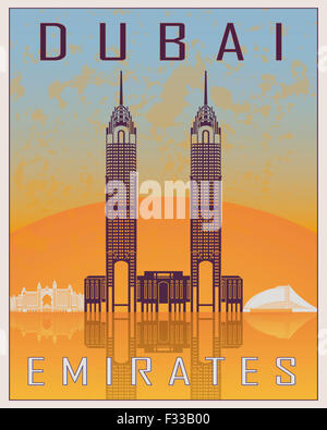 Dubai poster vintage in arancione e blu con sfondo bianco in skyiline modificabile file vettoriali Foto Stock