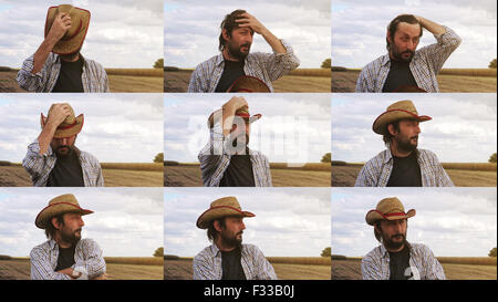 L'agricoltore interessato pianificazione nuova stagione di semina, maschio contadino con cappello di paglia al campo coltivato, sequenza di immagini collage Foto Stock
