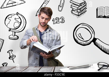 Immagine composita di studente lettura in biblioteca Foto Stock