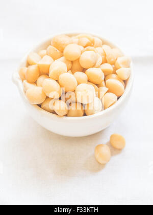 Noce Macadamia in una ciotola bianco su un chiaro sfondo bianco. Foto Stock