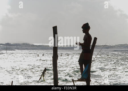 Stilt Fisherman nei pressi di Unawatuna Beach, Sri Lanka Foto Stock