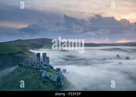 Corfe Castle nella nebbia all'alba, Dorset, England, Regno Unito Foto Stock
