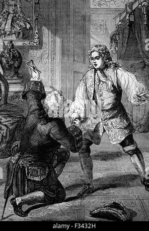 Prince George (King George II) riceve notizie da Sir Horace Walpole, Primo Ministro britannico, di morte del padre nel giugno 1727 durante uno di George io le visite ad Hannover. George II è stato l'ultimo monarca britannico nato al di fuori della Gran Bretagna, nata e cresciuta nella Germania settentrionale. Foto Stock