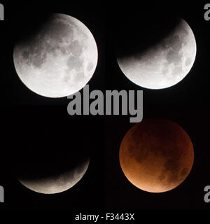 Collage di quattro stadi del sangue supermoon Lunar Eclipse in settembre 2015. Le foto scattate in 1 ora 10 minuti a Cardiff, Regno Unito. Foto Stock