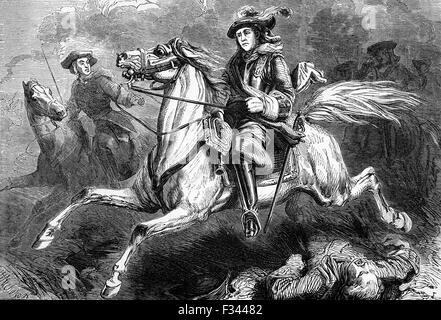 George II nella battaglia di Dettingen che ha avuto luogo il 27 giugno 1743 in Baviera durante la Guerra di Successione Austriaca. Essa è stata l'ultima volta che un monarca britannico led personalmente le sue truppe in battaglia. Foto Stock