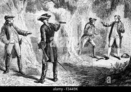Un duello con le pistole tra Samuel Martin, politico e John documento Wilkes un altro uomo politico radicale ha avuto luogo in Hyde Park il 16 novembre 1763. Giovanni documento Wilkes è stato gravemente ferito, fuggì a Parigi ed è stato pronunciato un fuorilegge. Foto Stock
