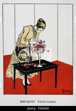 Gazette du Bon Ton in tempo di guerra 1915 Etienne Drian mano incisioni colorate Francese di Parigi ( Prima Guerra Mondiale ) Foto Stock