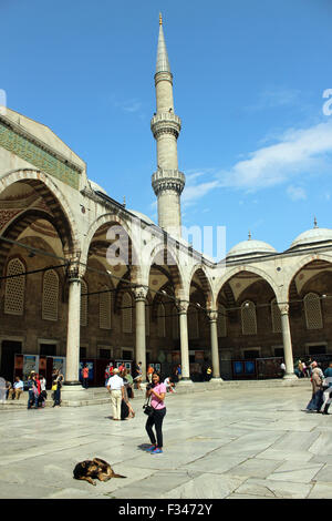 Istanbul, Turchia - 13 Settembre 2015: un gruppo di turisti nel cortile della Moschea Blu Sultanahmet, Istanbul, Turchia; Foto Stock