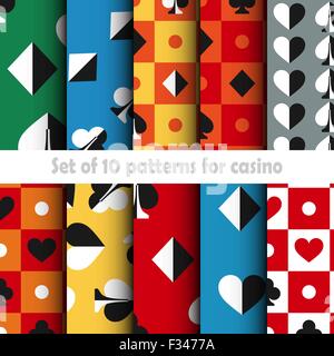 Set di dieci card game vector seamless pattern. Tessitura senza fine può essere usato per il web design, la stampa su tessuto e carta o SCR Illustrazione Vettoriale
