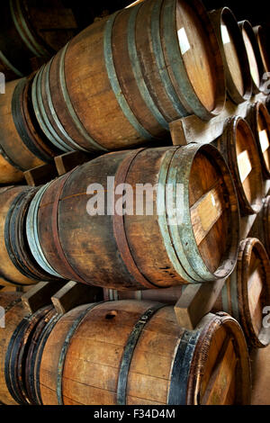 Vecchie botti di rovere in una cantina francese Foto Stock