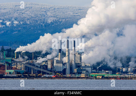 Harmac Mulino, di Nanaimo nella British Columbia, Canada contro uno sfondo di coperta di neve sulle colline. Foto Stock