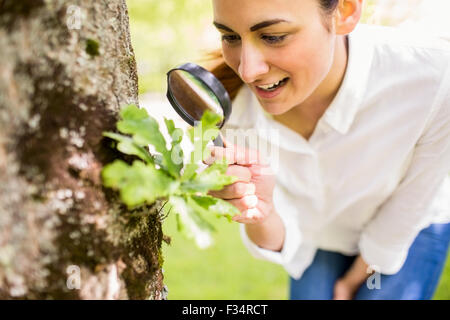 Bella bruna guardando impianto attraverso la lente di ingrandimento Foto Stock