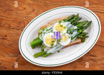 Una ricetta di asparagi su pane tostato condito con besciamella, fette di uova sode, erba cipollina, pepe nero e guarnire. Foto Stock