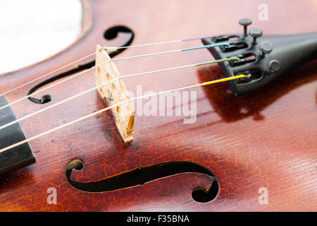 Close up di un Thouvenel, Parigi, violino, 1800, impostare su un fondo di musica del foglio, che mostra il corpo principalmente con il ponte e F-fori, Foto Stock