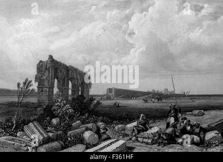 Le rovine di Tiro ora nel Libano moderno. Illustrazione in bianco e nero da Paesaggi della Bibbia Foto Stock