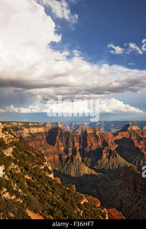 Il passaggio di docce e sun si rompe creare questo rainbow oltre il bordo settentrionale della Arizona Grand Canyon National Park. Foto Stock