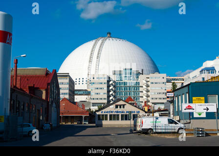 Industrial Park, con Ericsson Globe, sport ed eventi hall, Johanneshov district, Stoccolma, Svezia Foto Stock