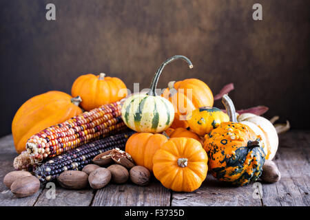 Zucche, mais e varietà di squash su un tavolo rustico Foto Stock