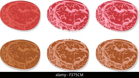 Set di diapositiva dettagliata fresco prosciutto e salame alla griglia con la linea di grasso in tessitura piana stile icona Illustrazione Vettoriale