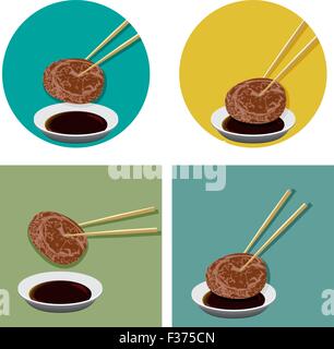 Pezzo di carne è la holding con bacchette e salsa di shoyu in flat lo stile dell'icona. Giapponese, Corea, ristorante cinese e logo. Illustrazione Vettoriale
