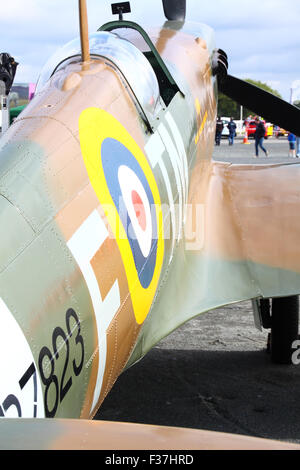 RAF roundel e tipo mimetica sulla fusoliera di uno Spitfire replica Foto Stock