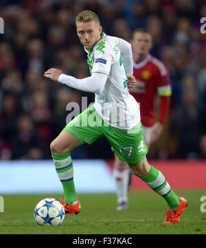 Manchester, Regno Unito. Il 30 settembre, 2015. Wolfsburg?s Andre Schuerrle in azione durante la UEFA Champions League Gruppo B prima gamba partita di calcio tra Manchester United e VfL Wolfsburg a Old Trafford a Manchester in Gran Bretagna, 30 settembre 2015. Credito: dpa picture alliance/Alamy Live News Foto Stock