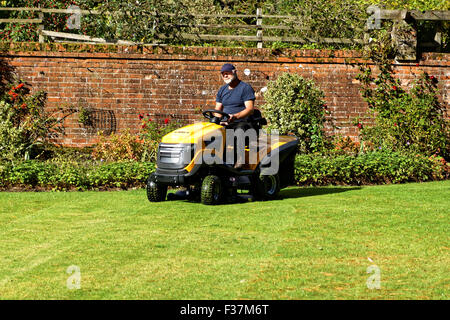 Giallo ride su tosaerba per taglio di erba Foto Stock