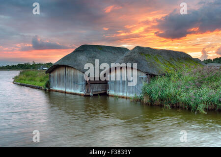 Fiery bellissimo tramonto sulla barca di paglia case sul Norfolk Broads a Hickling Foto Stock