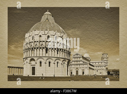 Vista verso il battistero e il Duomo di Santa Maria Assunta e la Torre Pendente di Pisa, Toscana, Italia centrale, Italia, Europa Foto Stock
