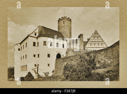 Scharfstein castello fu costruito nel 1250, Drebach-Scharfenstein, Erzgebirgskreis, in Sassonia, Germania, Europa Foto Stock