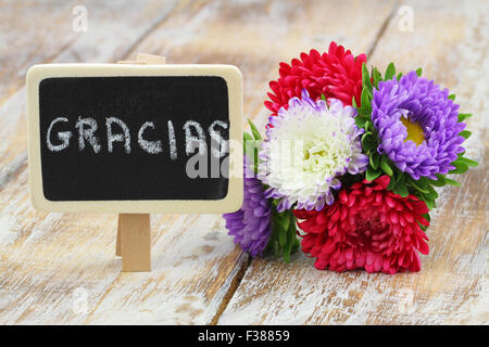 Gracias (che significa grazie in spagnolo) card con bouquet di coloratissimi fiori aster rustico sulla superficie di legno Foto Stock