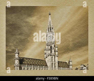 1402 costruito il municipio in stile gotico con 91 metri di alta torre, sulla piazza del mercato, Grand Place Bruxelles, Belgio, Europa Foto Stock