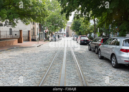 Vecchio tracciafile su una strada di ciottoli di Georgetown, Washington DC Foto Stock