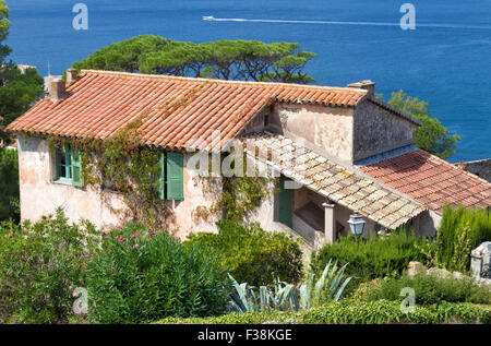 La pietra antica casa mediterranea con persiane verdi in windows, tetto dalle tegole rosse, vite liane arrampicata le pareti sul bordo di mare Foto Stock