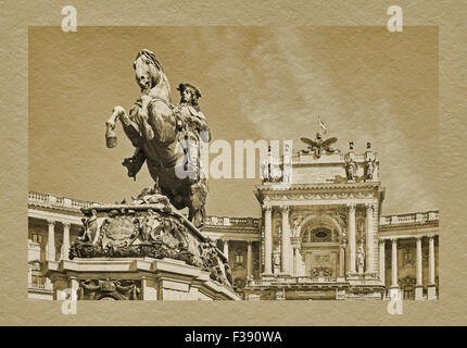 Di fronte al nuovo castello a Heldenplatz è la statua equestre del principe Eugenio di Savoia, Vienna, Austria, Europa Foto Stock