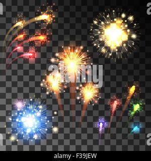 Festive coloratissimi fuochi d' artificio che esplodevano in varie forme scintillanti su sfondo trasparente. Illustrazione Vettoriale