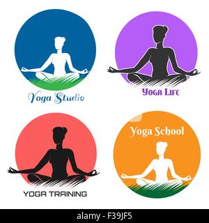 Yoga studio Logo o emblema set. Silhouette donna seduta su un prato e la pratica dello yoga in vari colori. Free font utilizzato. Illustrazione Vettoriale