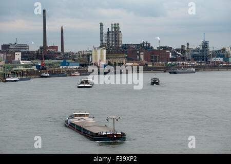 Bayer Chemical factory accanto al fiume Reno, Leverkusen, Germania. Foto Stock