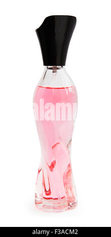 Bottiglia con rose acqua profumata isolati su sfondo bianco Foto Stock