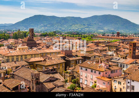 Vista sulla città italiana Lucca con tipici tetti in terracotta Foto Stock