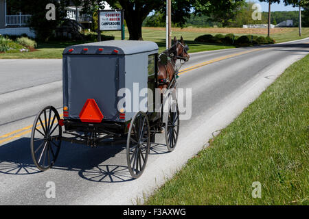 Amish cavallo quadrato e buggy trottare sulla strada principale il triangolo di avvertenza sul retro di buggy Lancaster County Pennsylvania USA Foto Stock