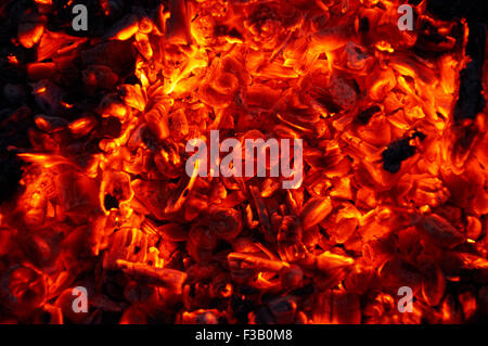 Sotto le ceneri di carbone di legna. È luminoso e caldo. Foto Stock